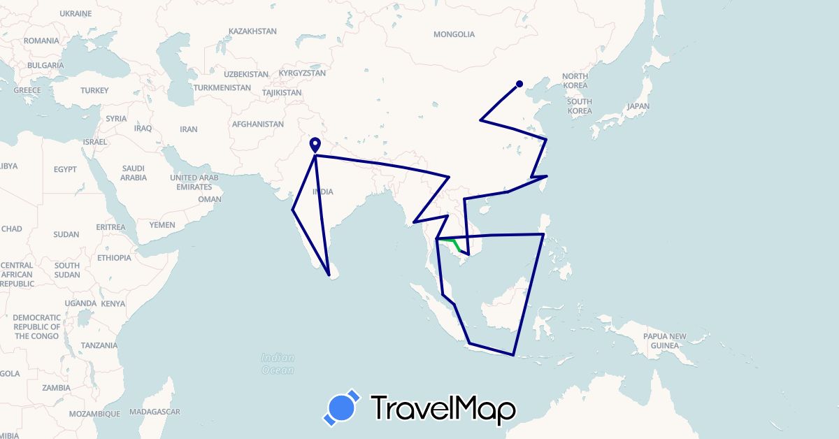 TravelMap itinerary: driving, bus in China, Hong Kong, Indonesia, India, Cambodia, Laos, Sri Lanka, Myanmar (Burma), Macau, Malaysia, Nepal, Philippines, Singapore, Thailand, Taiwan, Vietnam (Asia)